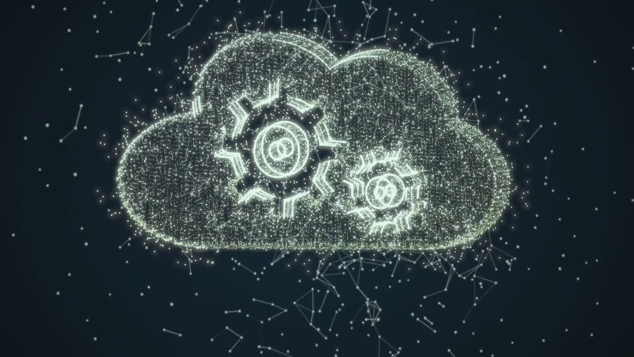 animación de nube y engranajes icono digital con red de conexiones sobre fondo negro