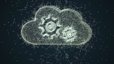 animation of cloud and cogs digital icon with network of connections over black background