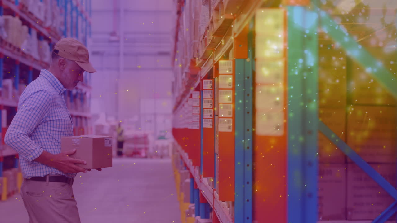 창고에서 일을 하는 백인 남자의 상자를 들고 있는 빛의 반 ⁇ 이는 점들의 애니메이션,