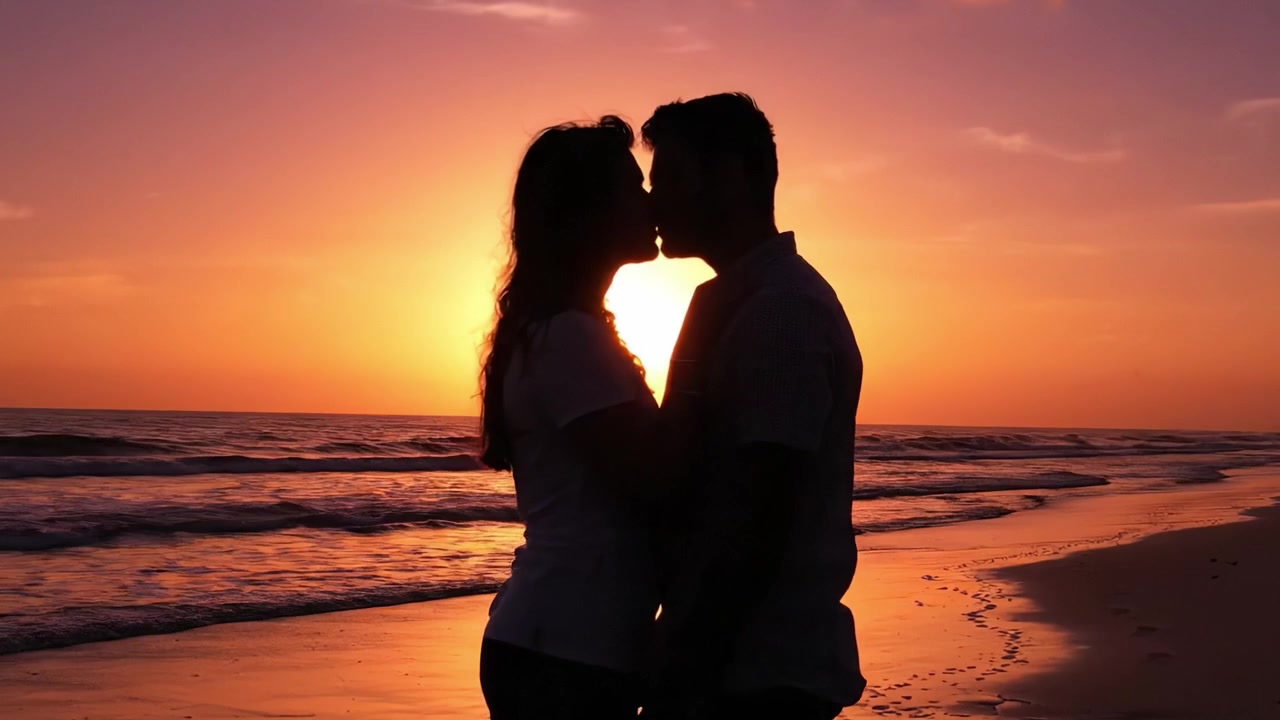 Un Tramonto Romantico: Una Coppia Abbraccia l'Amore con una Silhouette Contro il Bellissimo Orizzonte, Catturando un Momento Intimo in Riva al Mare