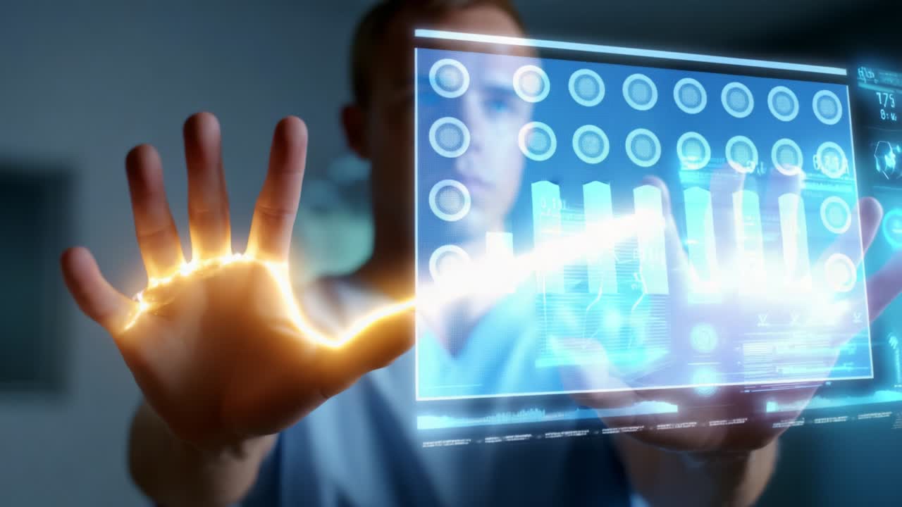 A futuristic medical scene featuring a focused individual manipulating advanced holographic technology with hands illuminated by energy, exploring the boundaries of digital interfaces and healthcare innovation