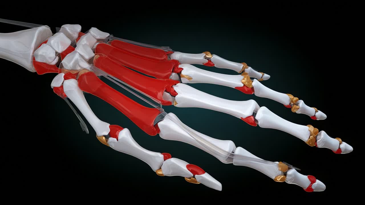 Detailed 3D Anatomy Visualization of the Human Hand, Highlighting Bones, Joints, and Muscles for Educational and Medical Purposes in an Engaging Illustrative Format