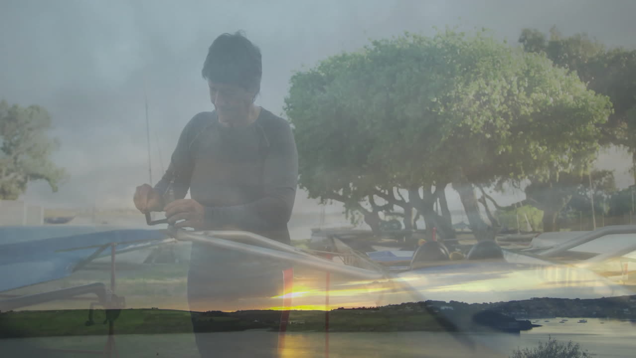 Senior woman adjusting kayak gear in coastal travel dashboard, with animated compass map icons