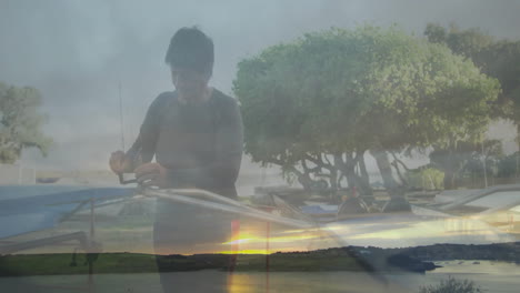 senior woman adjusting kayak gear in coastal travel dashboard, with animated compass map icons