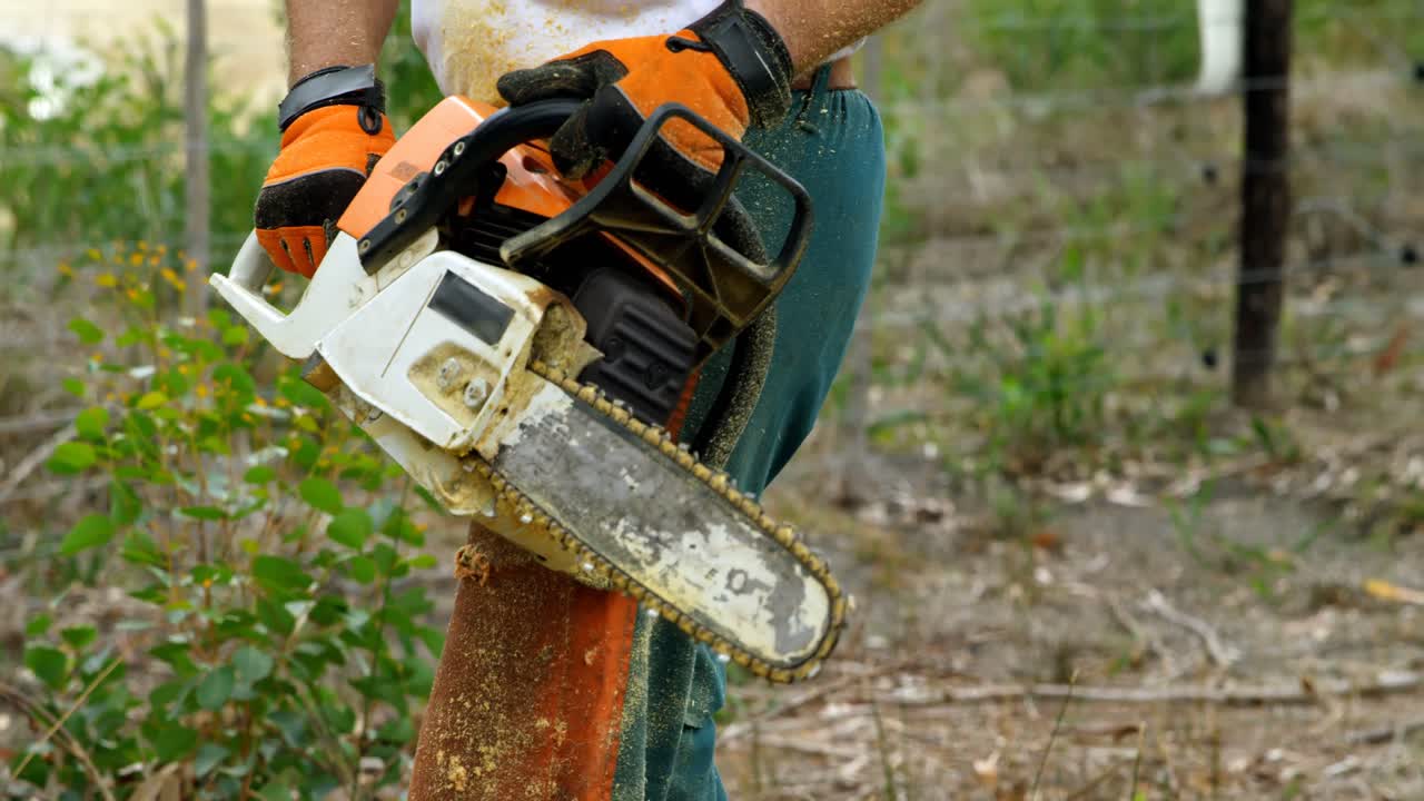 Lumberjack holding chainsaw in the forest 4k