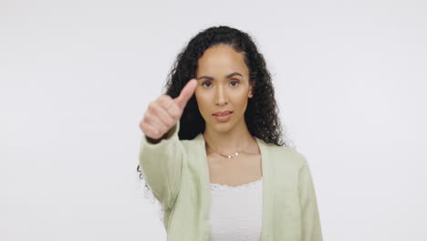 Thumbs-down,-change-or-vote-with-a-woman-in-studio