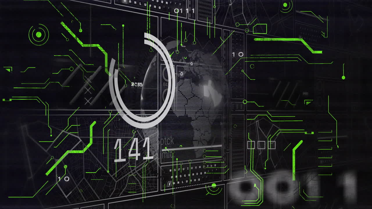 Animation of digital interface with world map, data charts, and numbers