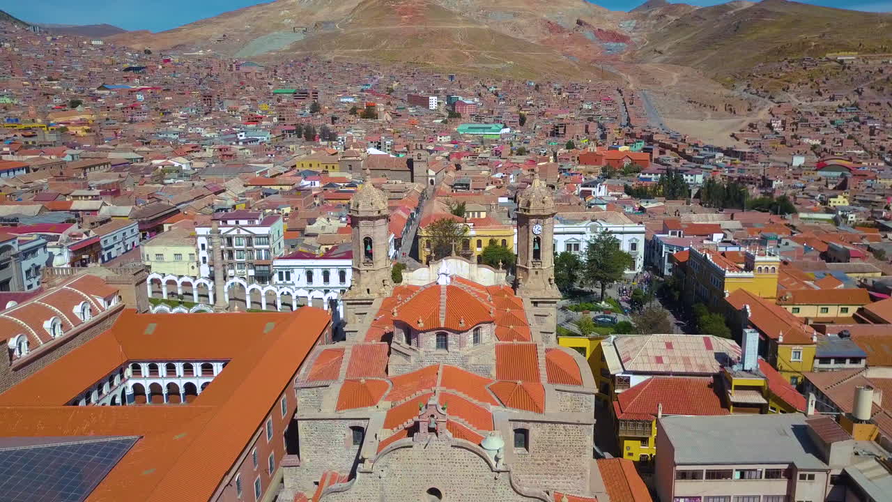 Scenic aerial drone view flying over Cathedral Basilica of Potos&iacute;, Bolivia