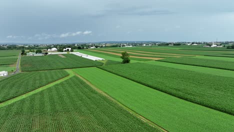 Una-Vista-Aérea-De-Las-Exuberantes-Y-Verdes-Tierras-De-Cultivo-Del-Condado-De-Lancaster,-Pennsylvania,-Después-De-Una-Tormenta-De-Verano