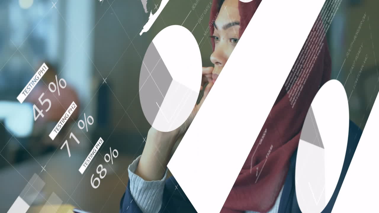 Analyzing data with pie charts, businesswoman focusing on animation in office