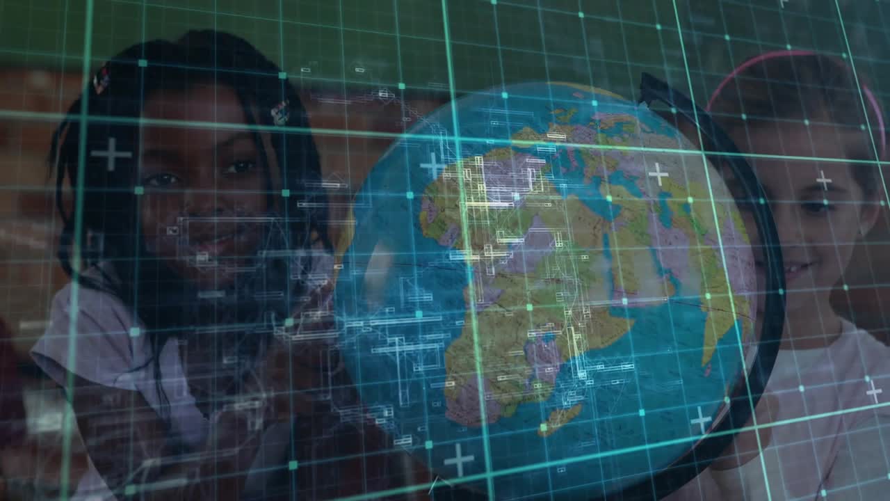 Students sitting at desk in classroom activating AR grid around globe exploring geography education
