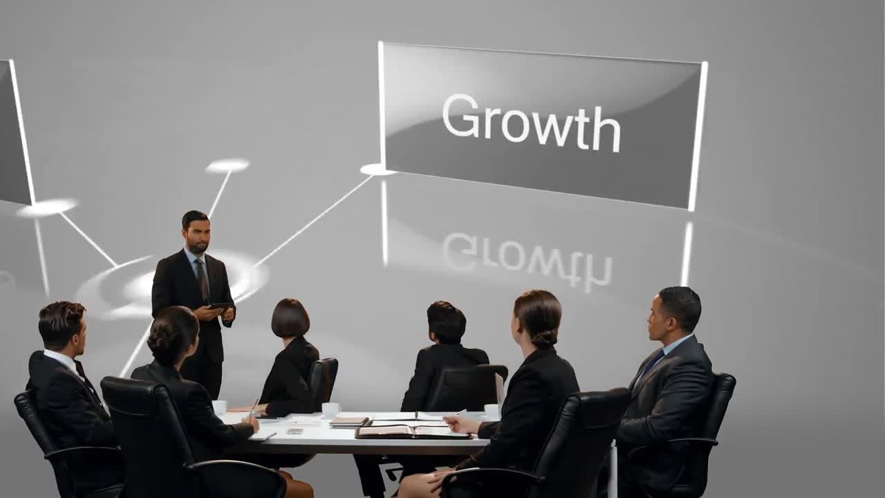 회의 에서 동료 들 에게 발표 하는 사업가