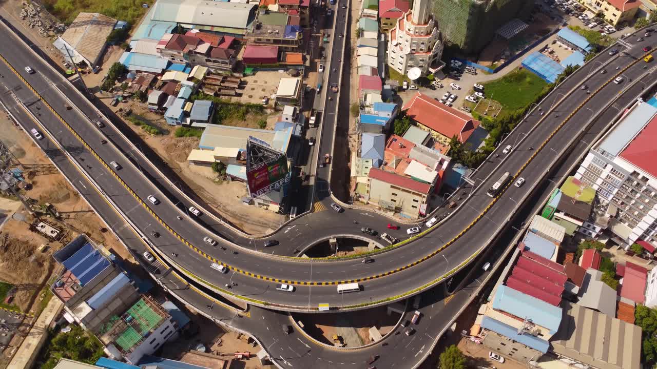 Phnom Penh Hun sen flyover bridge boulevard city Cambodia traffic, aerial drone