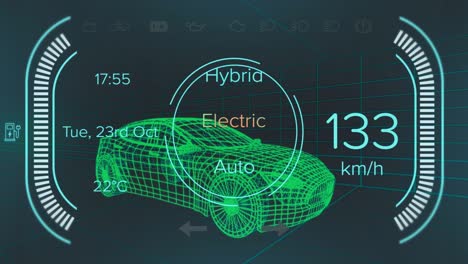 Animation-of-speedometer,-gps-and-charge-status-data-on-hybrid-car-interface,-over-3d-truck-model