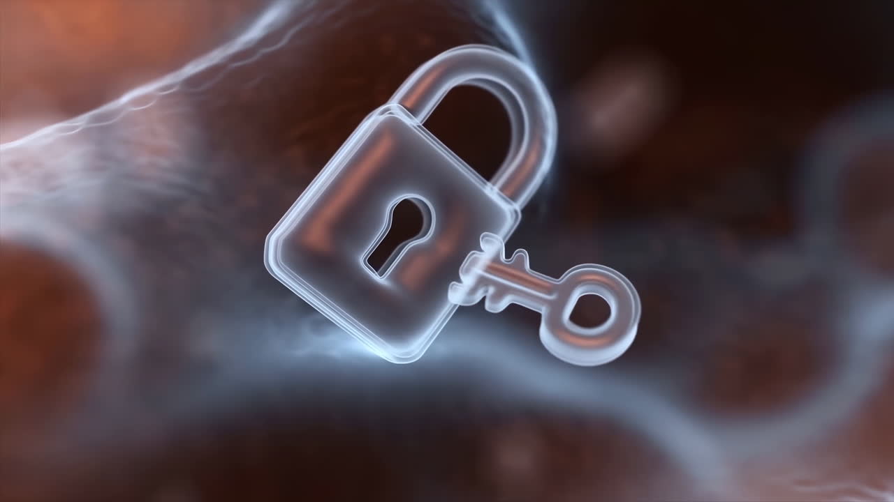 Glowing Padlock And Key Floating Over Smoky Neon Background, Glasslike Outlines Suggesting Encryption