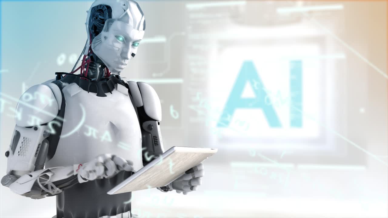 animación 3d de alta calidad de un robot humanoide usando una tableta de estilo ipad con ecuaciones matemáticas y datos de desplazamiento en el aire a su alrededor, en esquema de colores naranja y verde verde