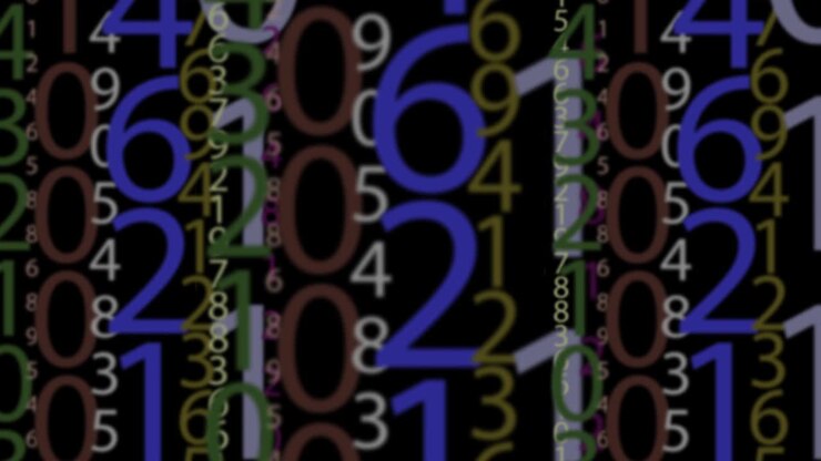 Digitally generated image: colorful numbers as code rain on a black background