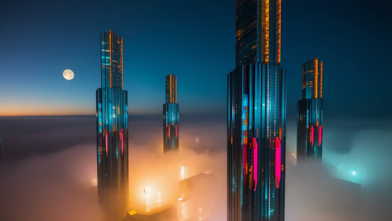 Rising sun bathing metal skyscrapers and fog in dawn glow, neon lights shifting under moonlit sky