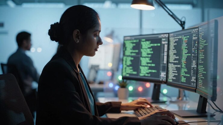 Focused Woman Programming at Dual Monitors in Modern Office Environment, Code on Screens, Evening Ambiance, Computer Science, Software Development, Technology