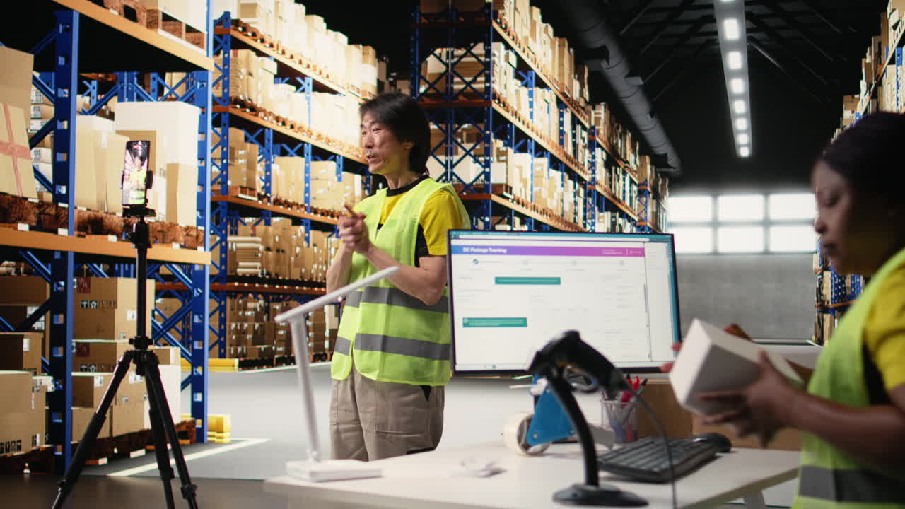 Vertical Video Asian man advertising the large business supply room activity on a video