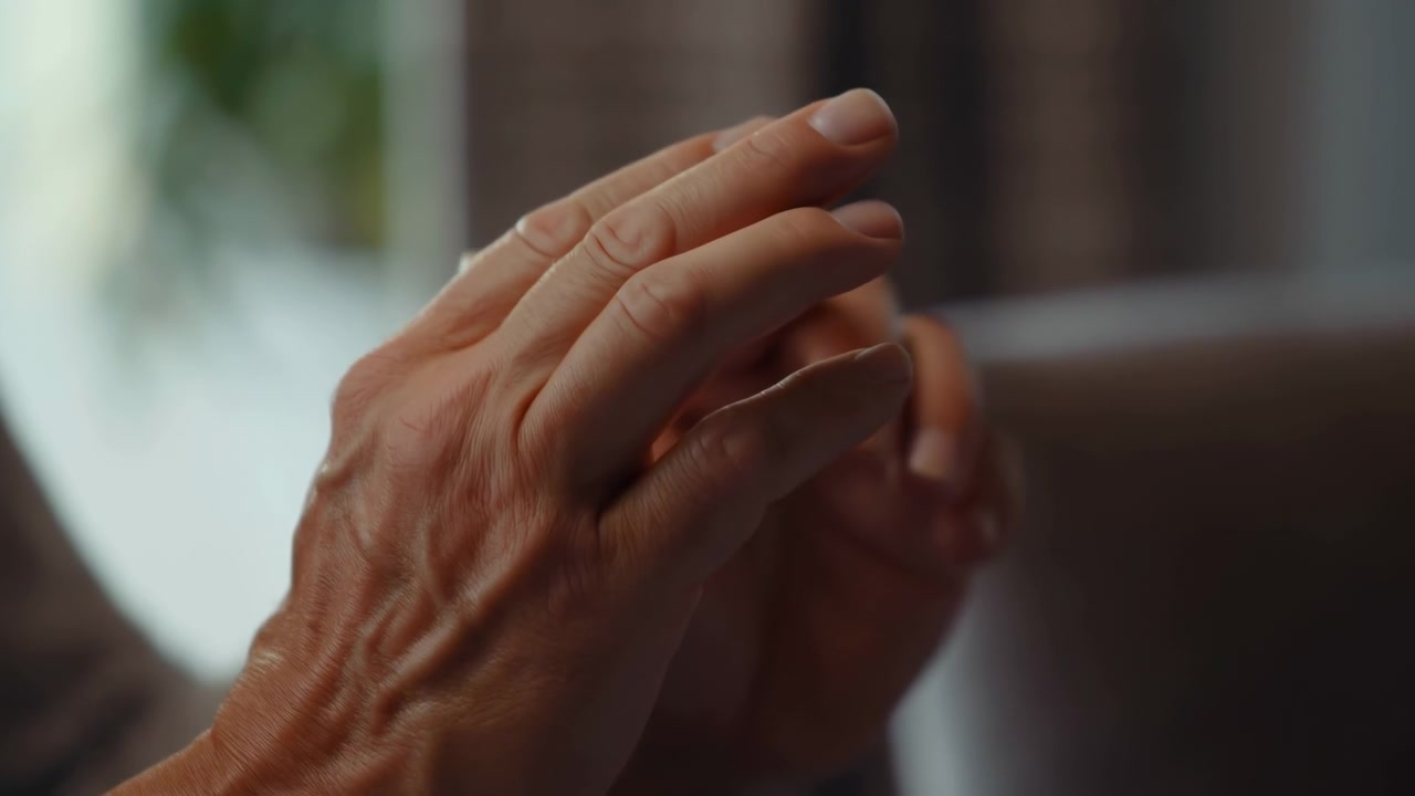 Close-up de aplauso de mãos em ambiente interno, pele e dedos texturizados captando luz suave, câmera lenta.