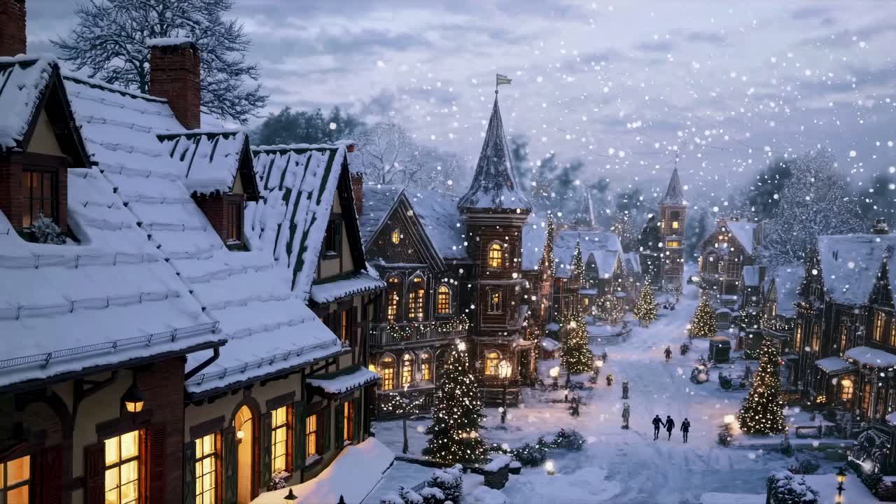 Aerial view of a snowy, festive village with twinkling lights, capturing a warm, nostalgic holiday