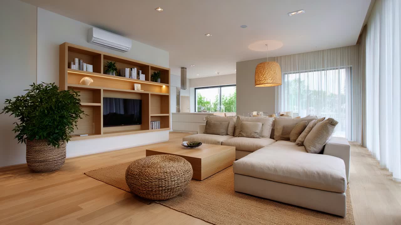 Design moderno di un soggiorno con un divano accogliente, elementi naturali e decorazioni moderne in un ambiente luminoso e aperto con molta luce naturale