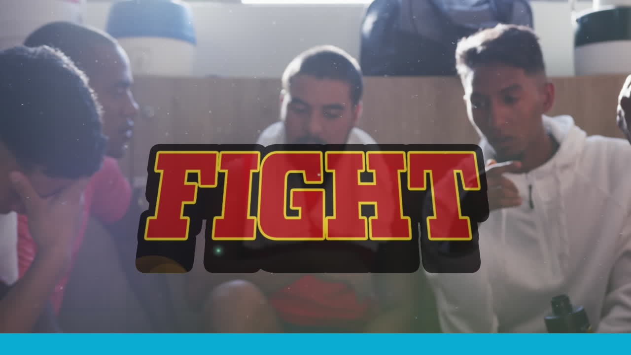 옷을 갈아입는 방에서 축구 선수들에 대한 싸움 텍스트의 애니메이션