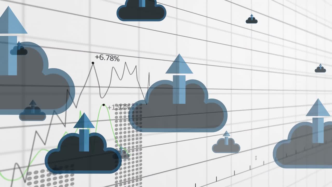 animación de flecha en la nube con múltiples gráficos y números cambiantes sobre fondo blanco