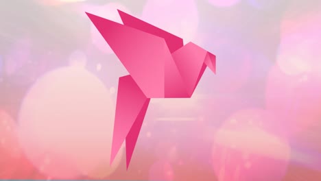 Animation-of-paper-bird-and-light-spots-on-pink-background