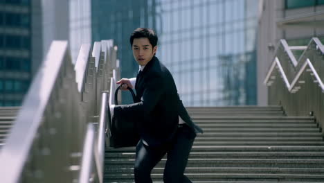 businessman rushing up city stairs