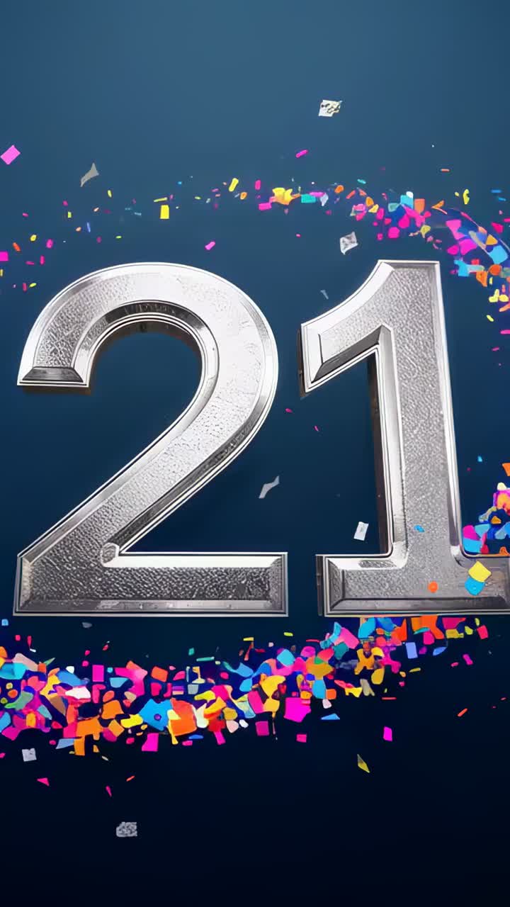 Vertical video: Starting animation chrome 3D 21 glowing pink on blue-purple gradient, confetti ring