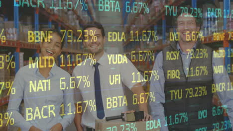 animation of stock market over people working in warehouse