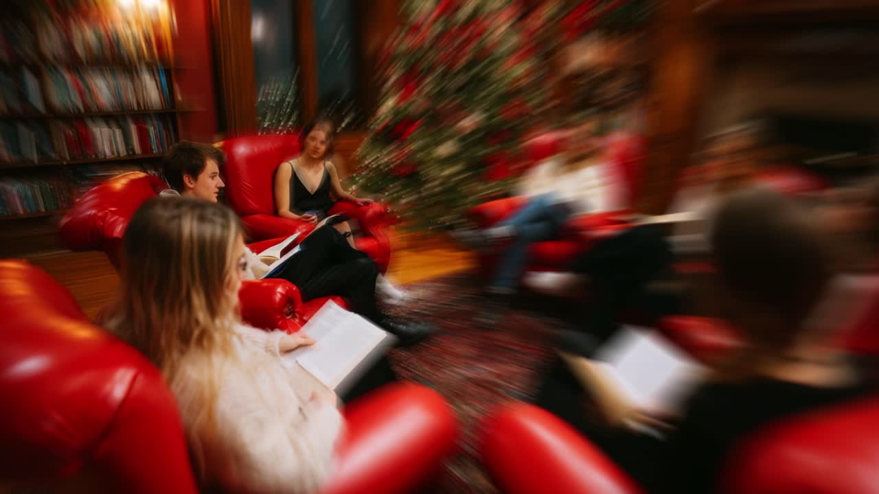 A Cozy Gathering: Friends Engaged in Book Discussion in a Warm Setting with Festive Decorations Surrounding Them