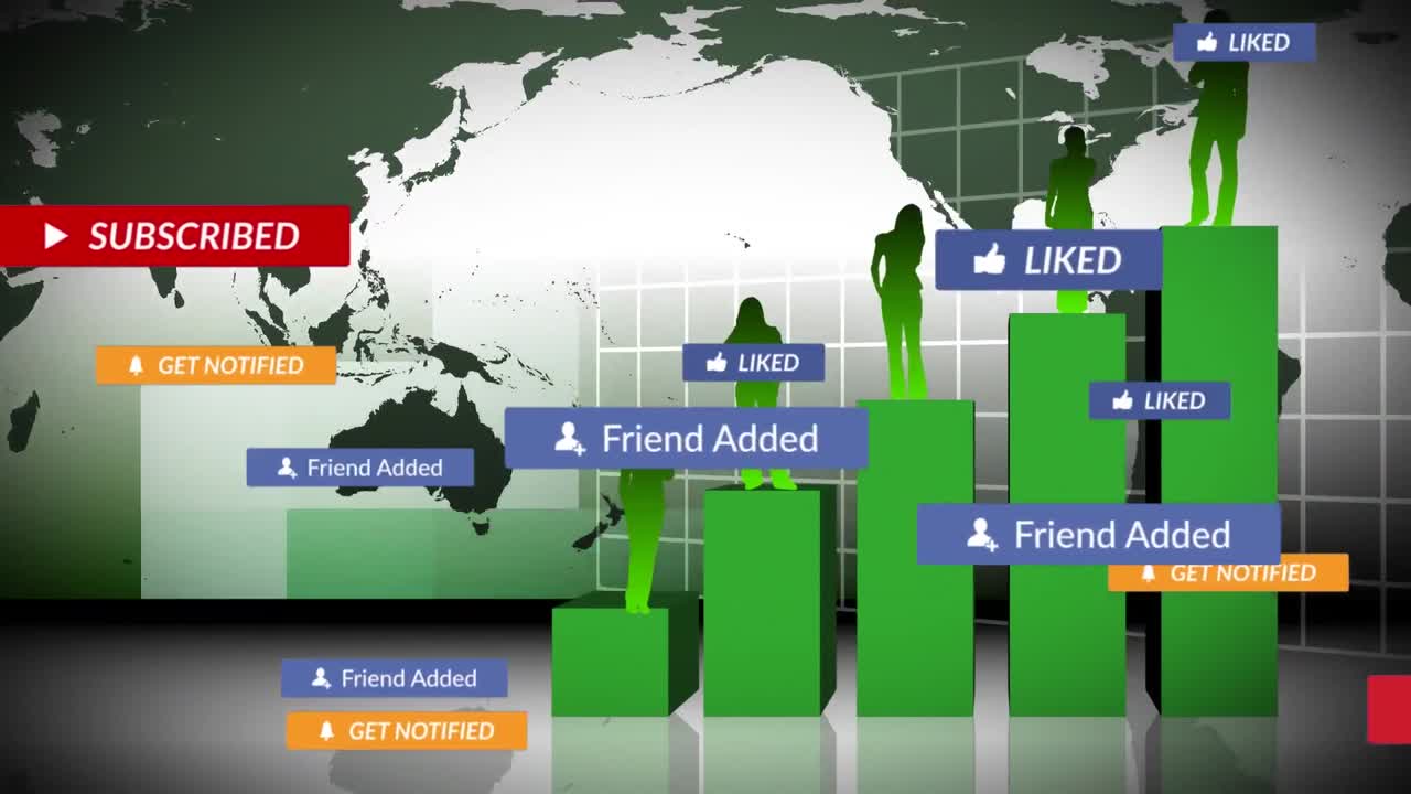 녹색 배경에 있는 그래프와 세계 지도 위에 소셜 미디어 텍스트의 애니메이션