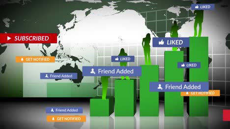 animation of social media texts over graph and world map on green background