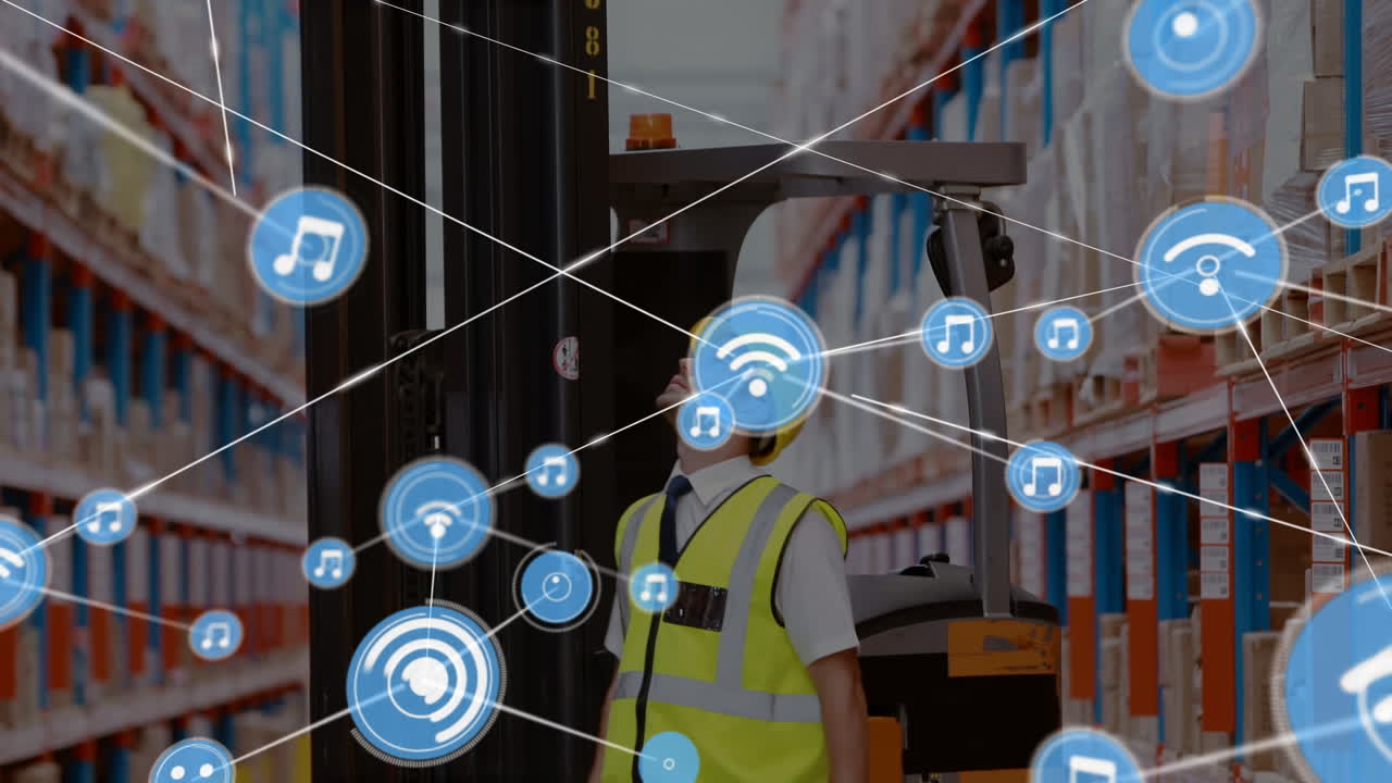 animación de la red de conexiones sobre el hombre caucásico en el almacén