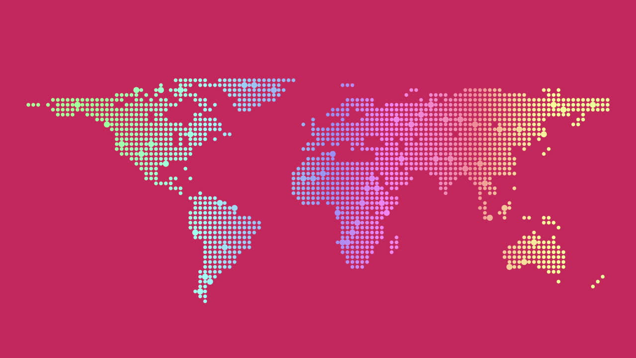mapa del mundo vibrante con puntos coloridos en fondo rosa