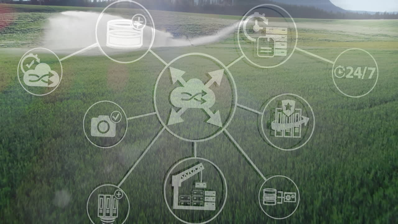 Agricultural technology data processing over green field landscape with icons