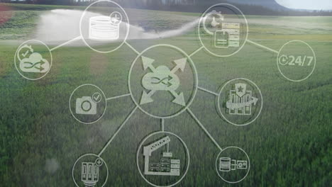 agricultural technology data processing over green field landscape with icons