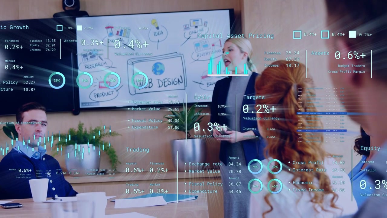 Man raising hand initiating presenter stepping explaining WEB DESIGN with AR finance charts