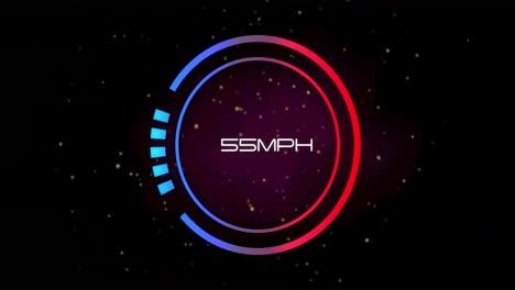 animation of speedometer with growing number over light spots on black background