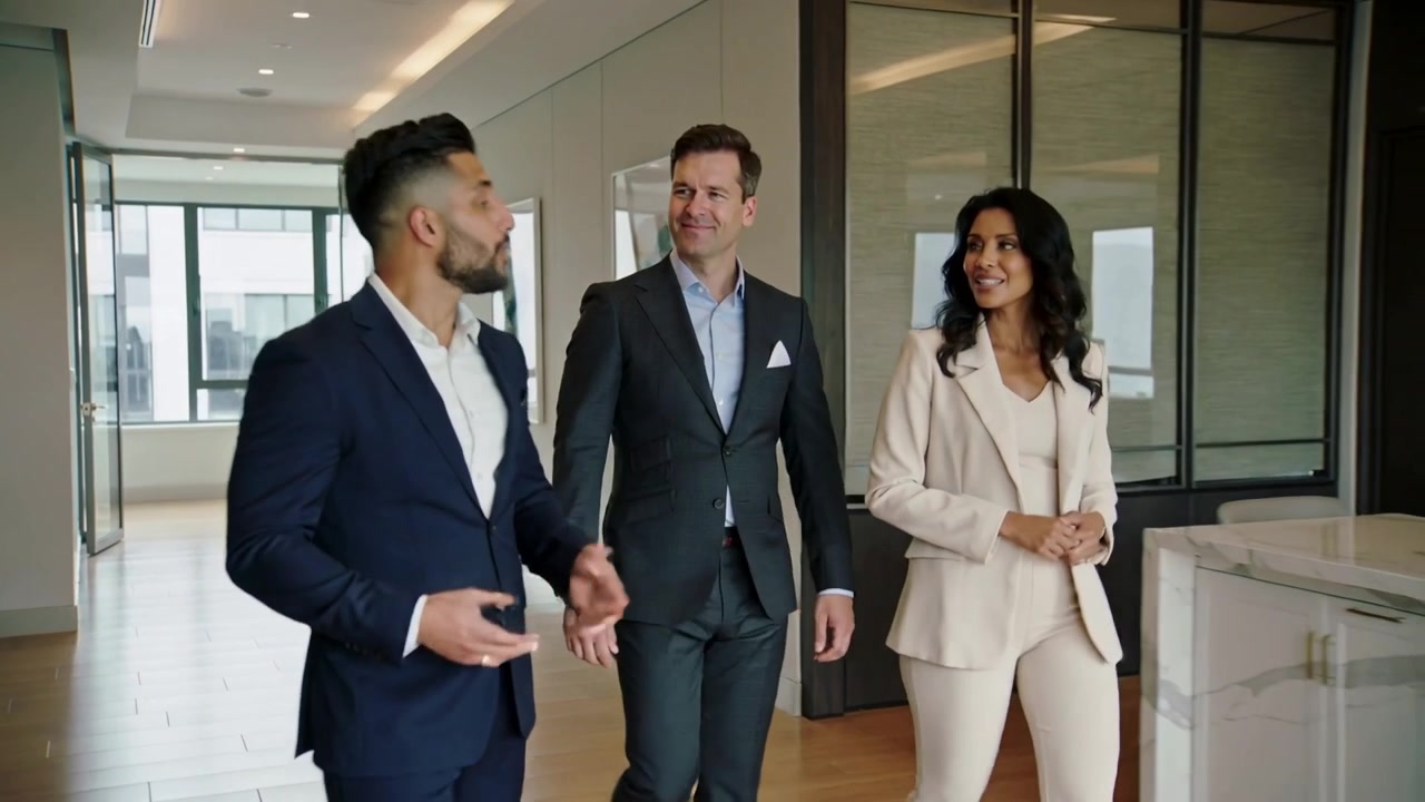 Entering hallway with windows, three agents wearing suits presenting property near marble island