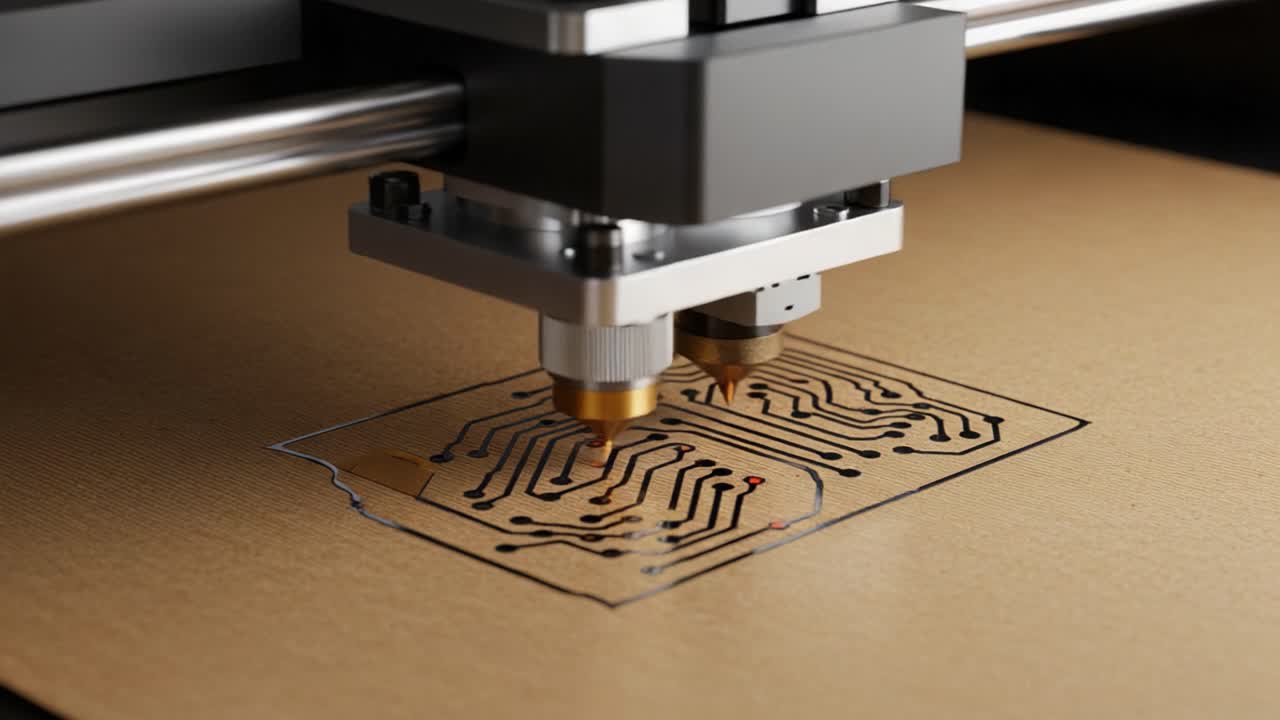 Máquina de corte a laser de precisão criando padrões de circuito complexos em superfície de papelão com alta atenção aos detalhes em tecnologia e habilidade
