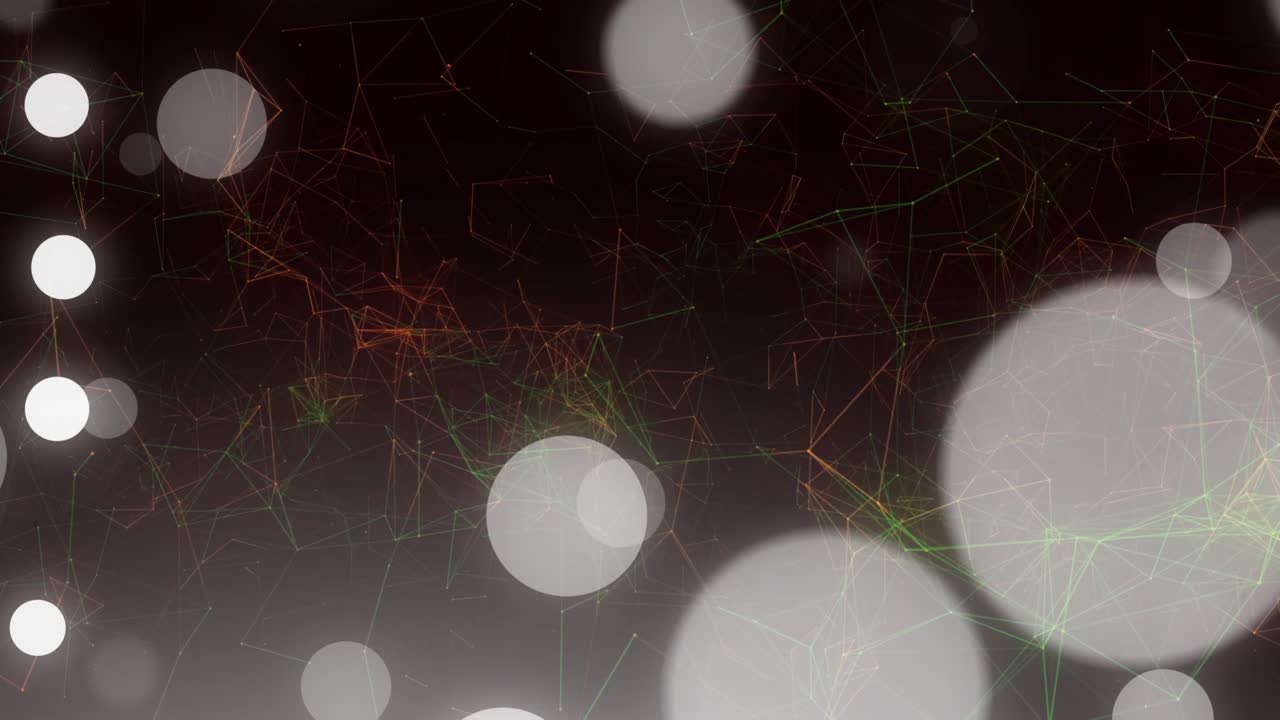 Upon start luminous orbs appearing over mesh, drifting, clustering and dispersing visualizing net