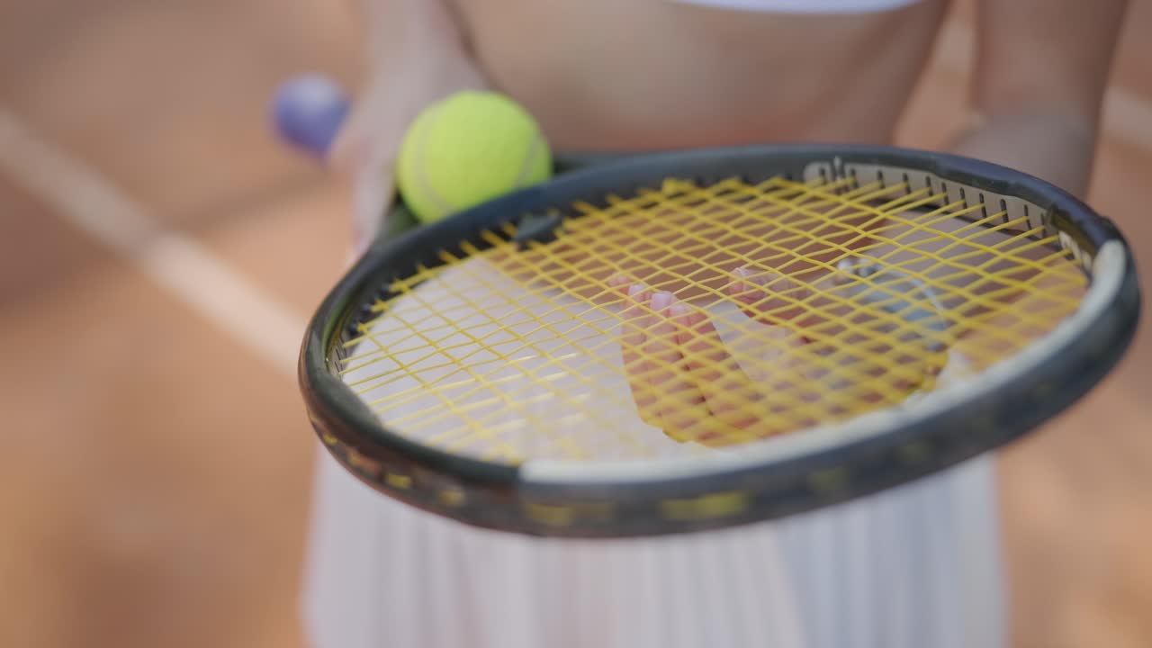 여자 테니스 선수 가 야외 코트 에서 세브 를 연습 하고 있다