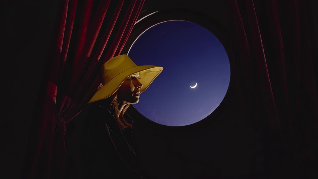 A woman in a yellow hat looks out a circular window at the crescent moon