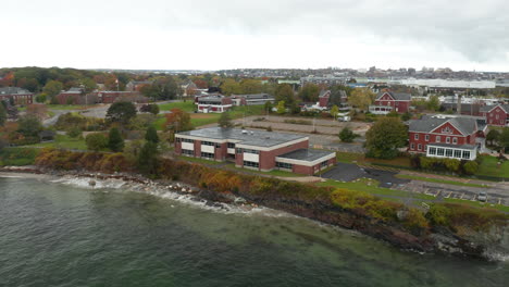 southern maine community college shot from the skies on a cloudy day