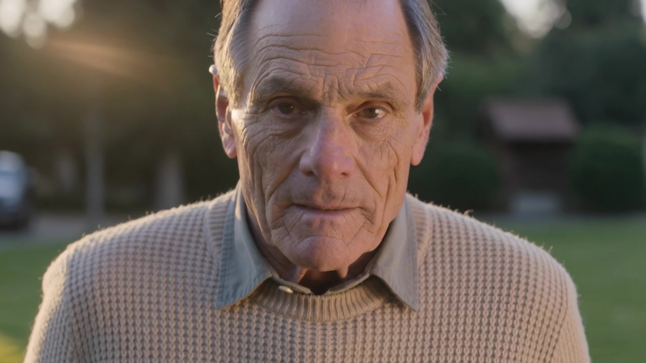 Un uomo anziano inizia una passeggiata, avvicinandosi alla telecamera per incrociare lo sguardo su un prato erboso al tramonto, indossando un maglione beige.
