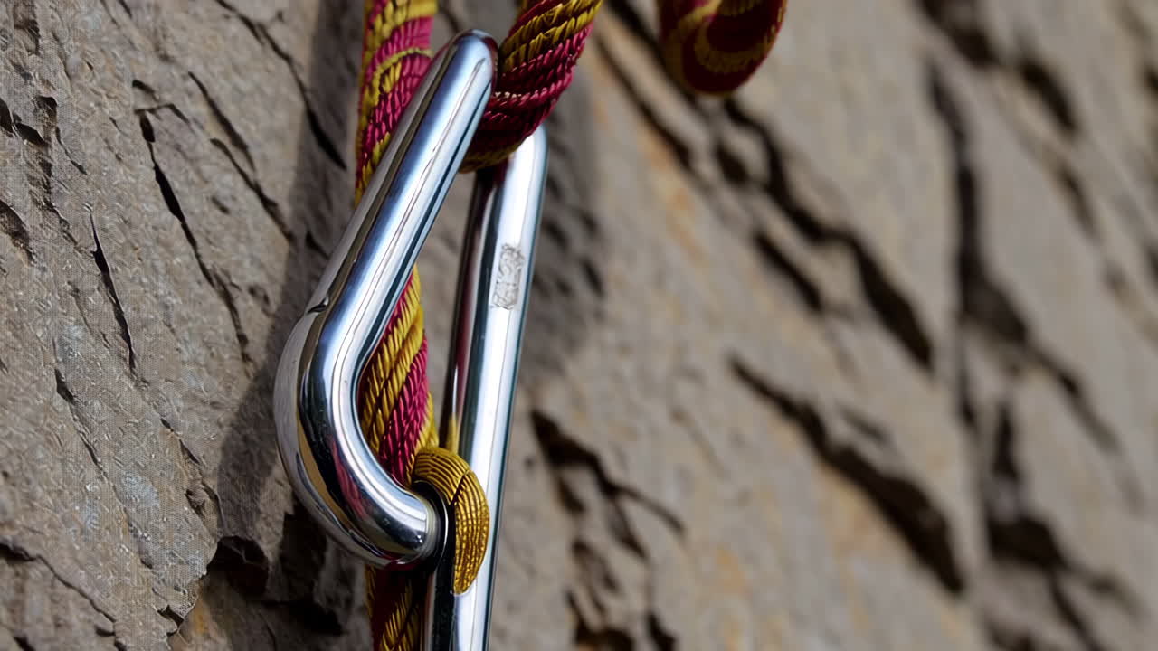 Climbing Rope and Carabiner on a Rock Wall